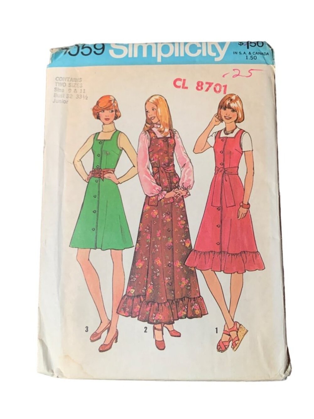 Simplicity 7059 Sewing Pattern Juniors Dress Size 9-11 Uncut 1970s
